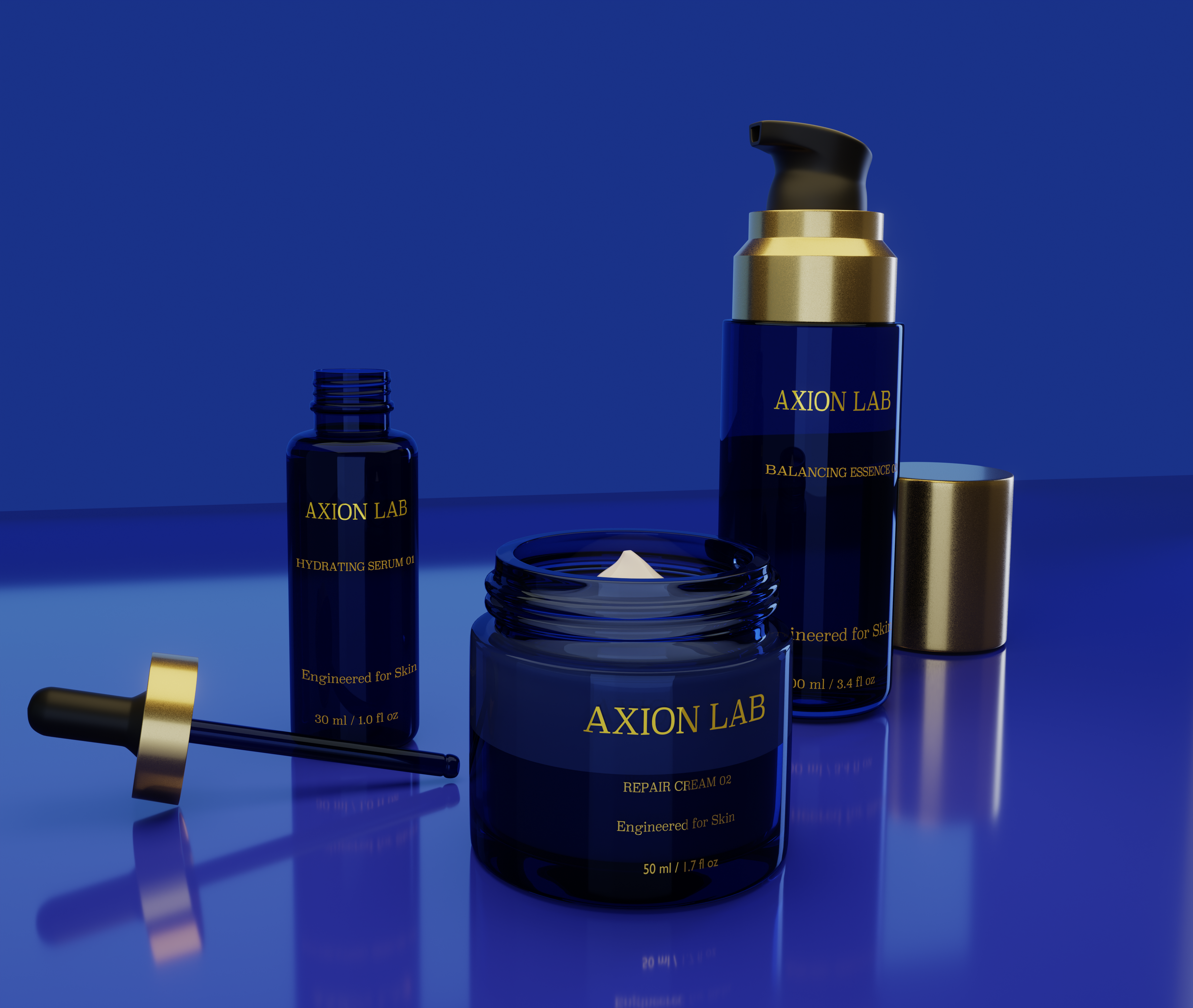 Axion Lab premium skincare packaging product visualization render with glass cosmetic containers and studio lighting
