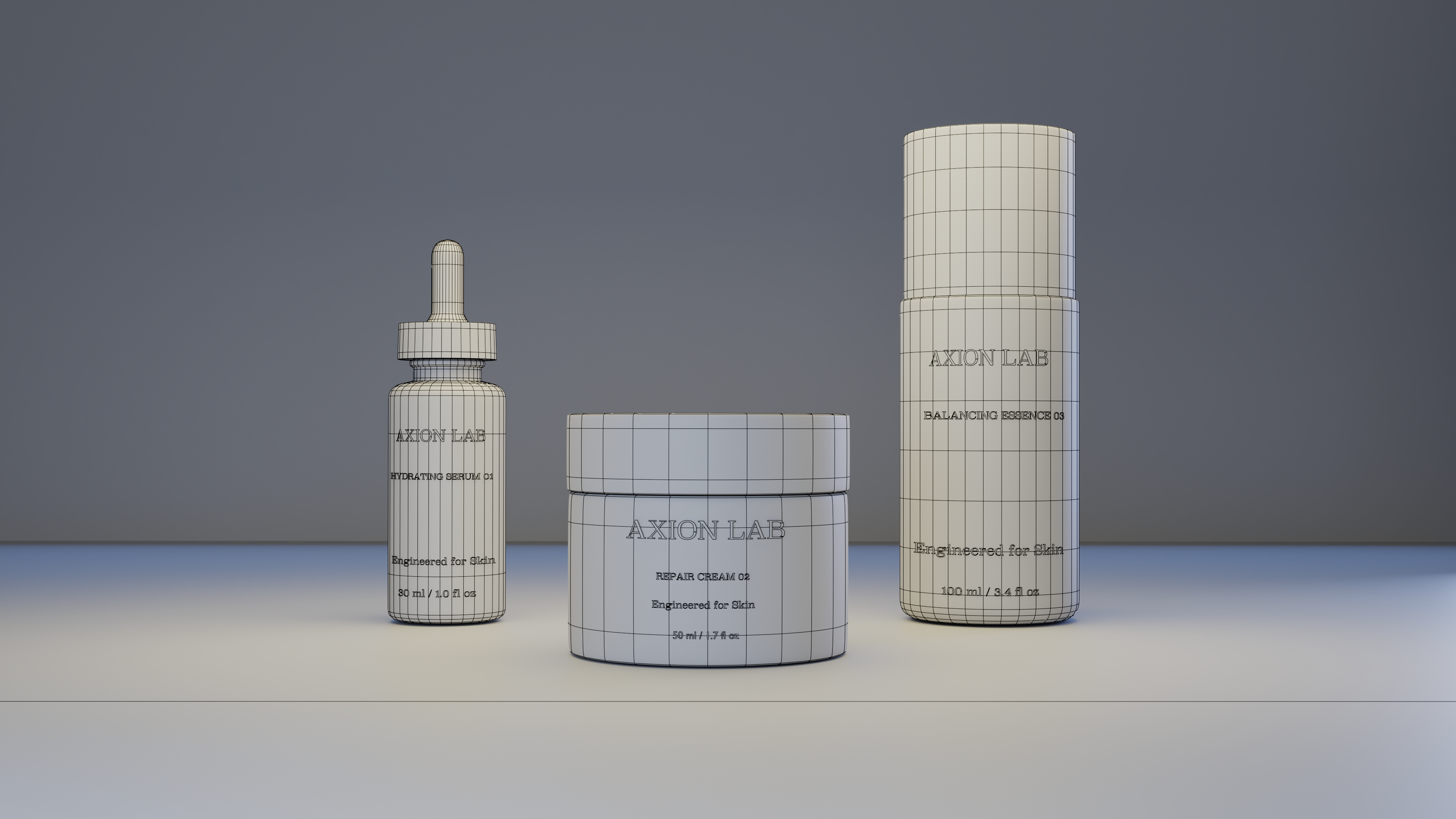 Wireframe render of Axion Lab skincare product visualization showing Blender topology for cosmetic containers and packaging