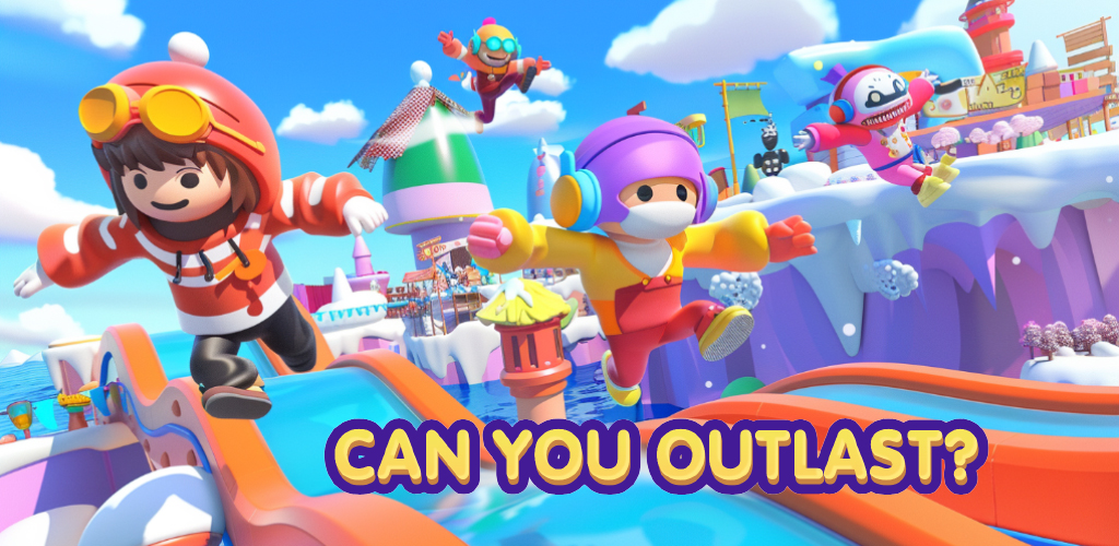 Fall Guys style game concept banner showing a colorful obstacle-course world