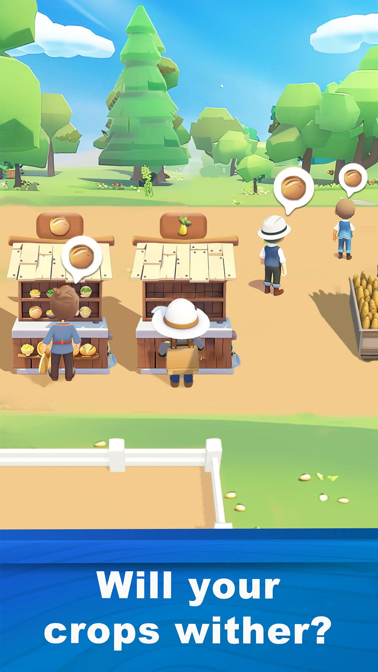 Gameplay mockup showing crop plots, farming tools, and a readable HUD with touch-friendly UI controls