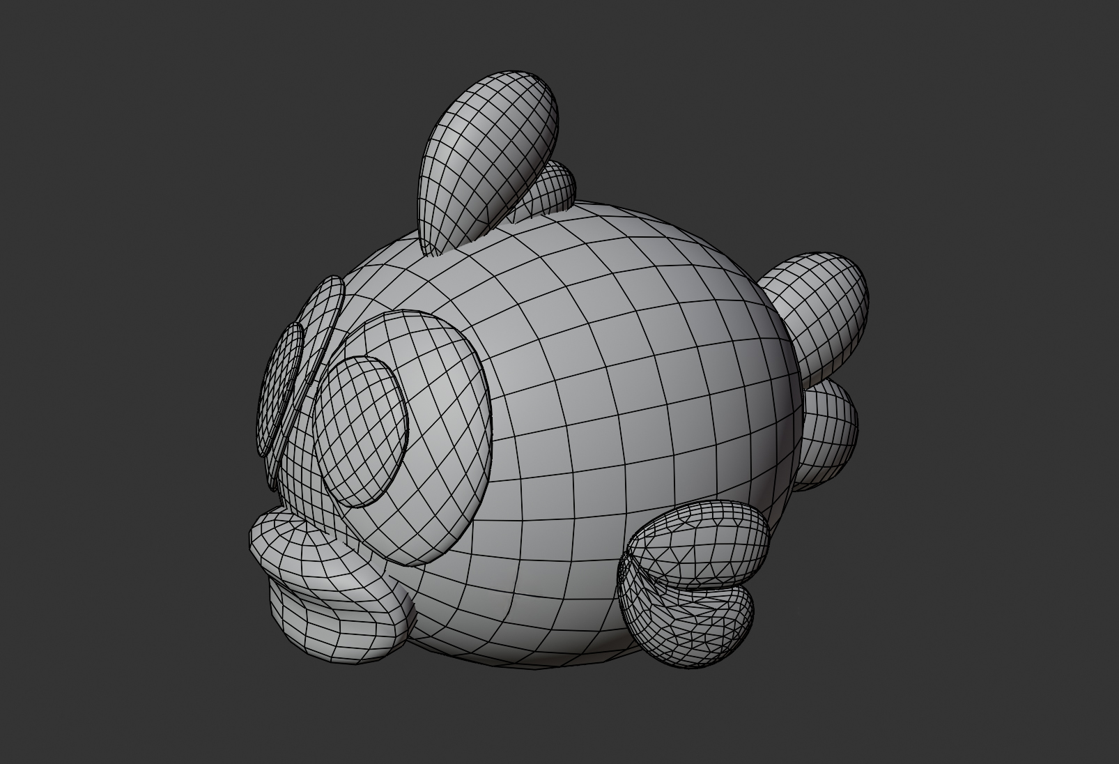 Stylized fish character wireframe render showing production topology and edge loops