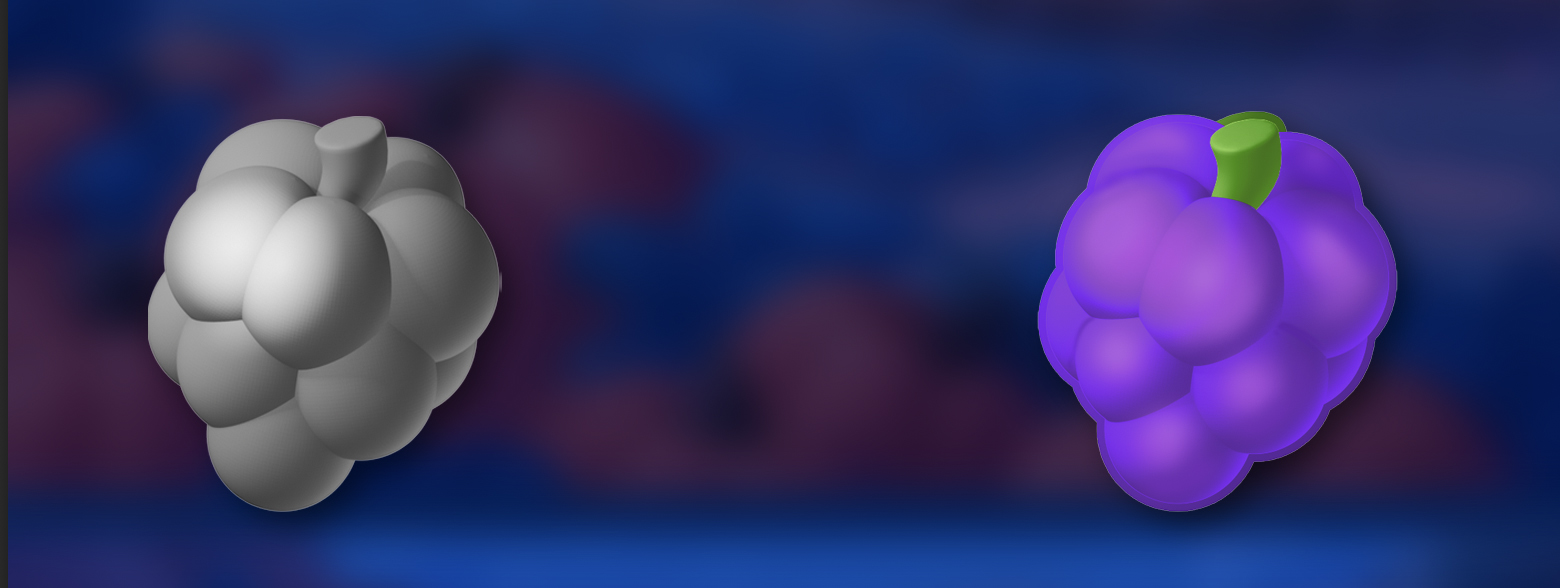 Grapes icon art pipeline demonstrating stylized match-3 asset development
