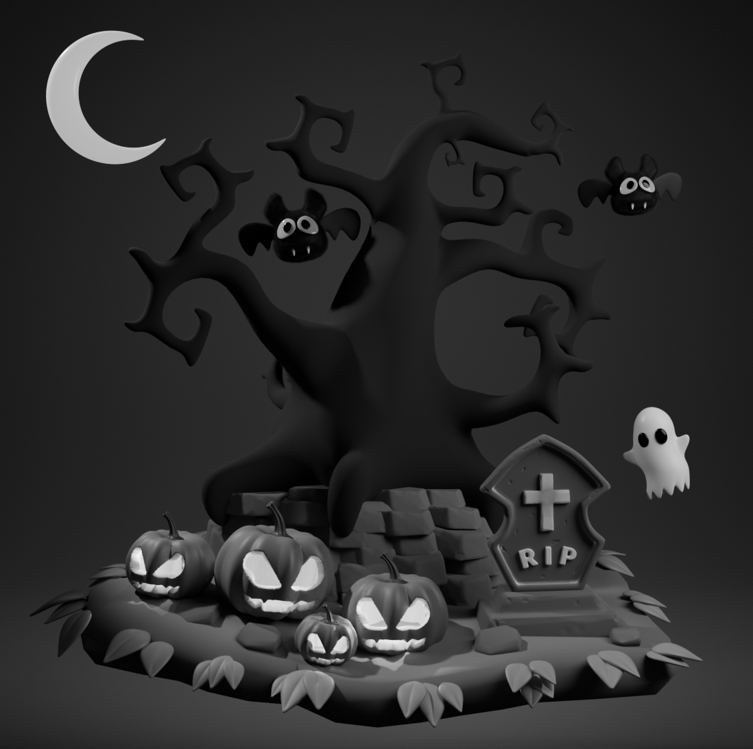 Halloween scene greyscale clay render showing base forms and composition