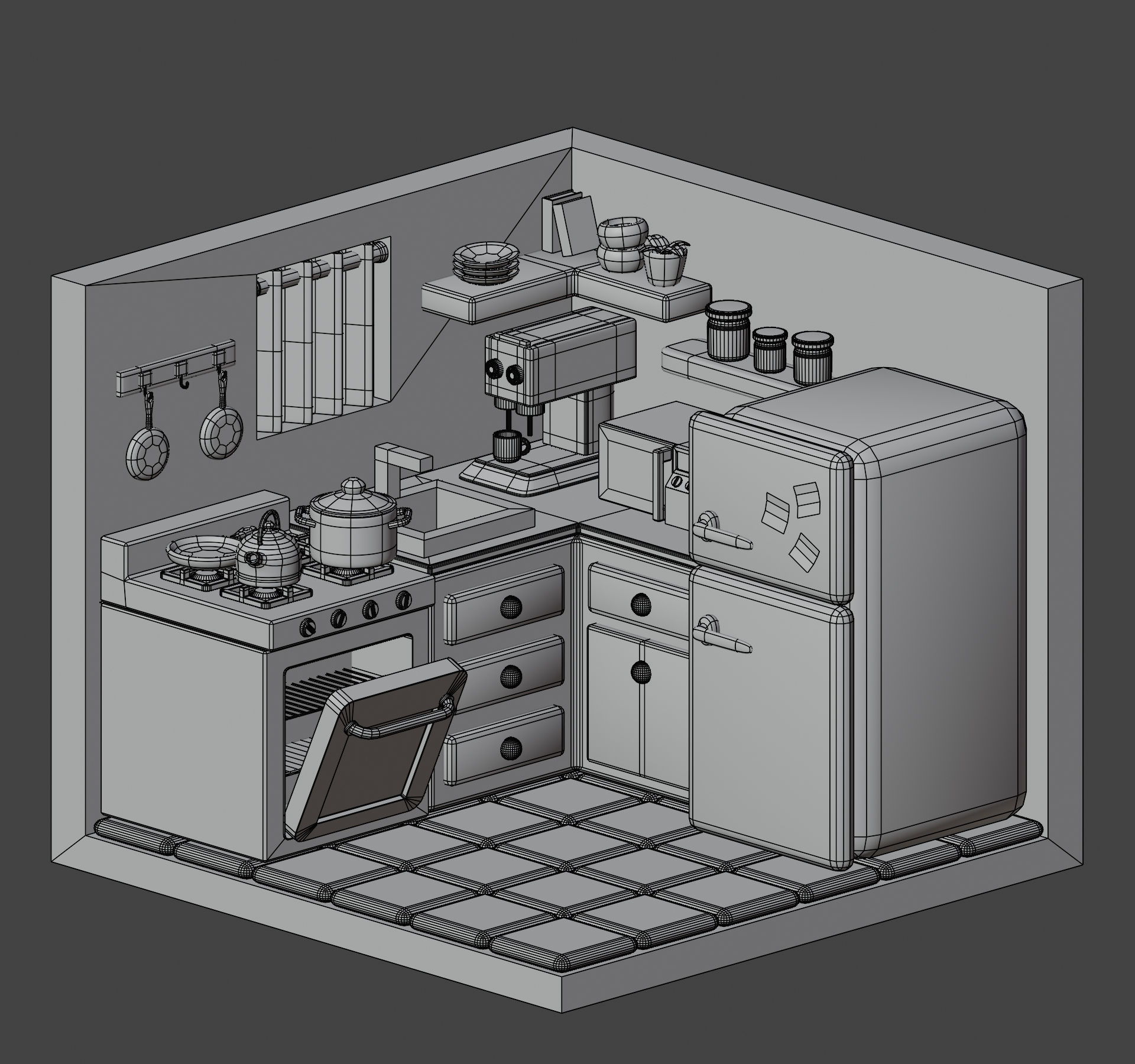Stylized kitchen wireframe render showing clean topology for game assets