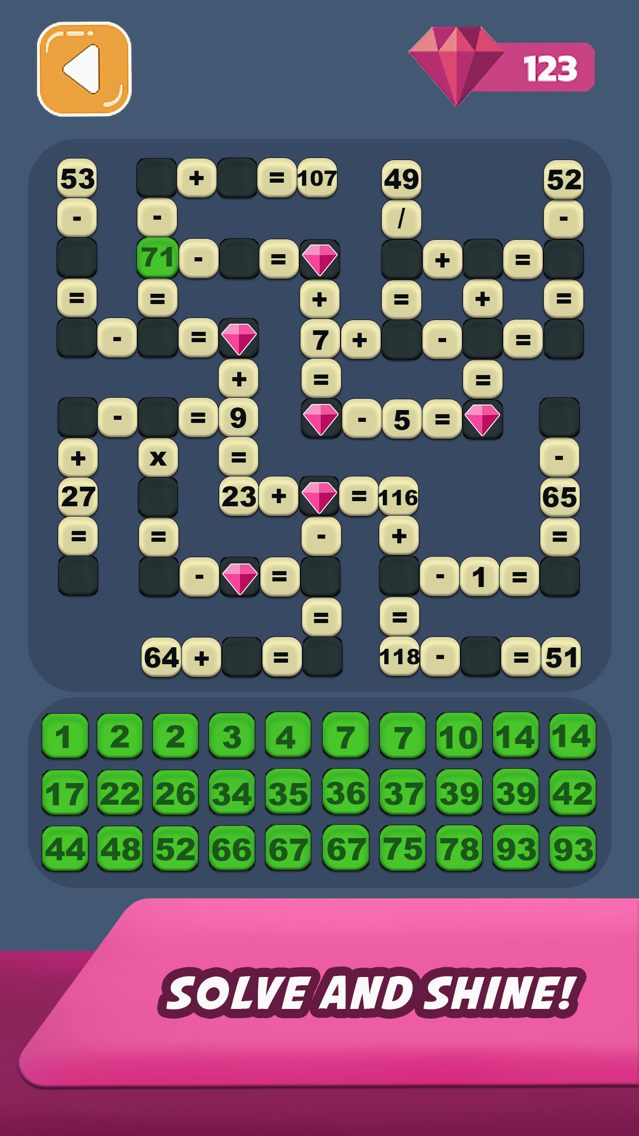 Gameplay mockup showing number tile selection, puzzle objective panel, and interaction states designed for fast UI readability during play