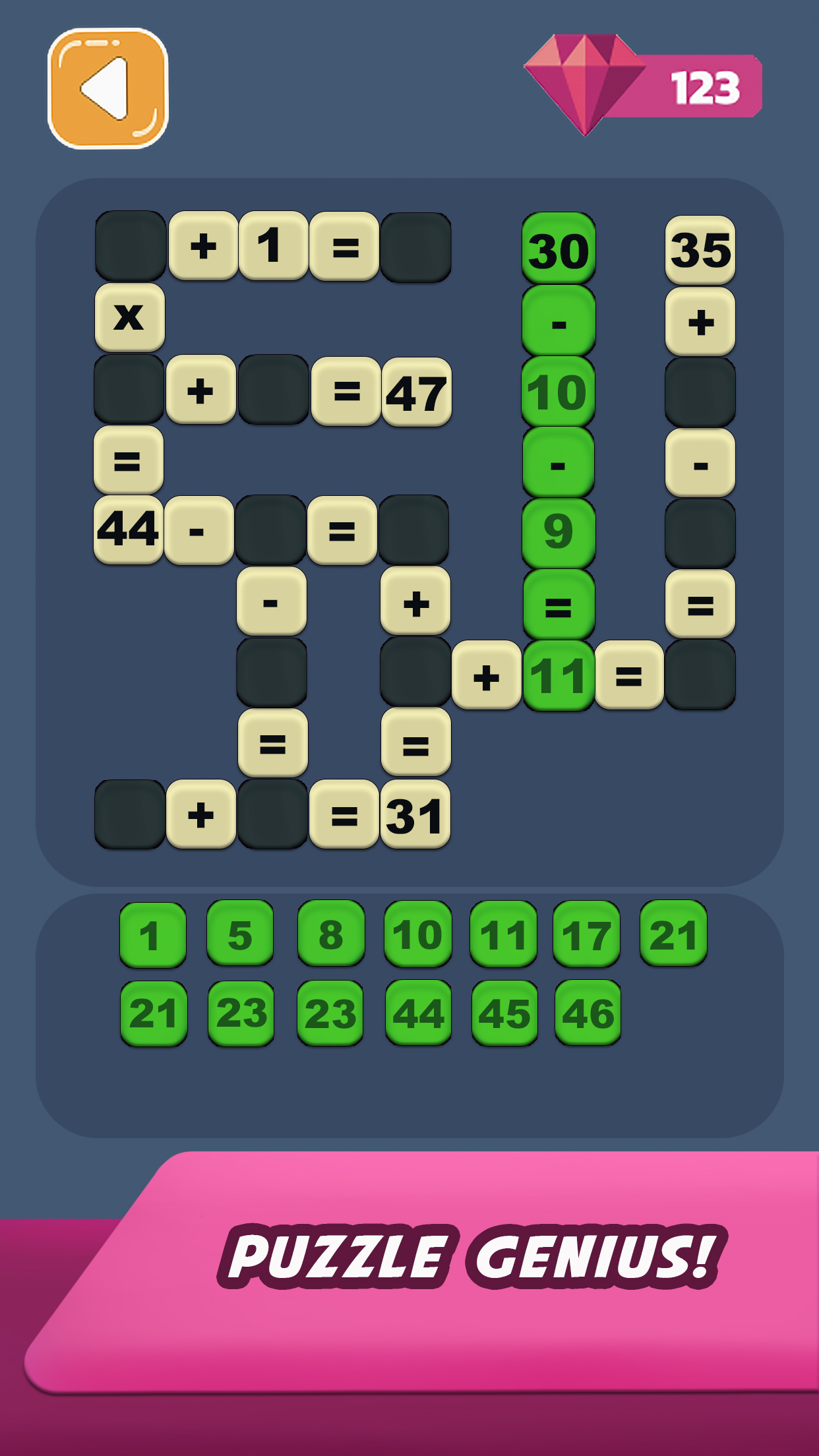 Math puzzle gameplay screen featuring logic-sequence mechanics, score and move tracking, and a structured interface for quick player comprehension