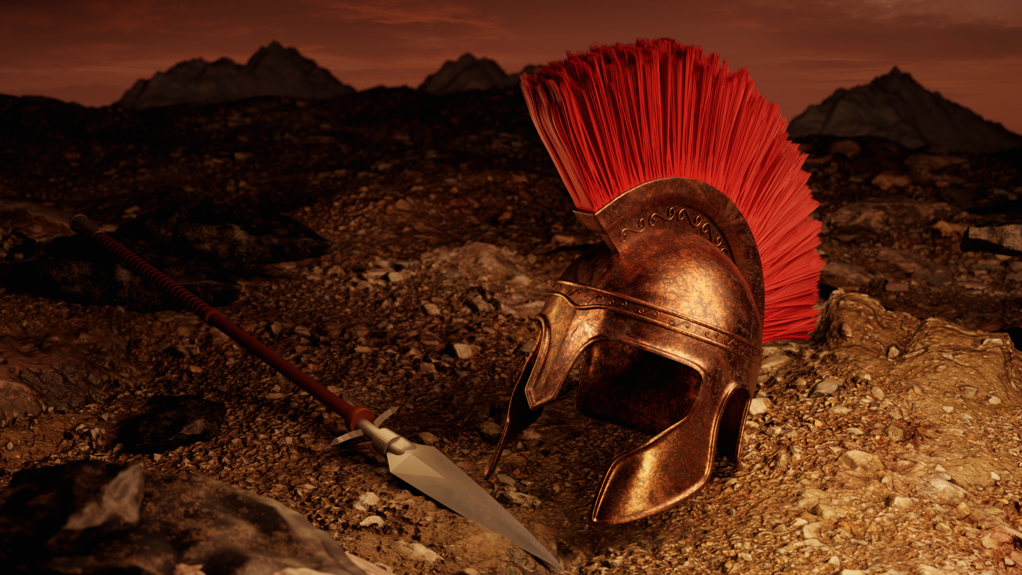 Ancient Greek warrior helmet in a sunset environment with spear and mountains