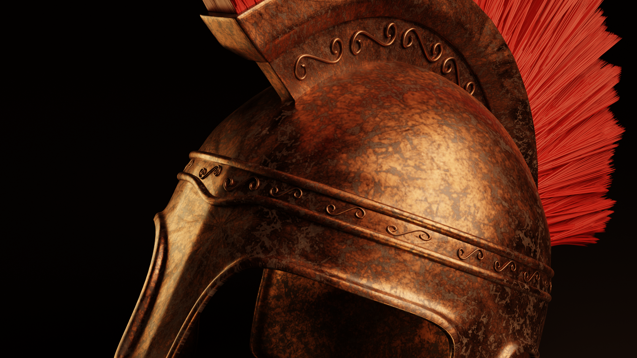 Close-up of weathered bronze helmet material and engraved details