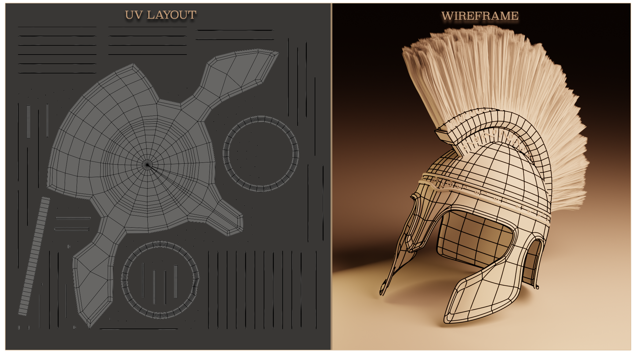 Ancient Greek warrior helmet UV layout and wireframe breakdown
