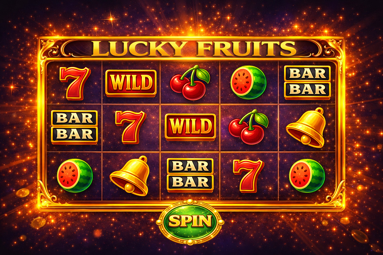 Final Lucky Fruits in-game slot screen mockup with reels, symbols, and HUD