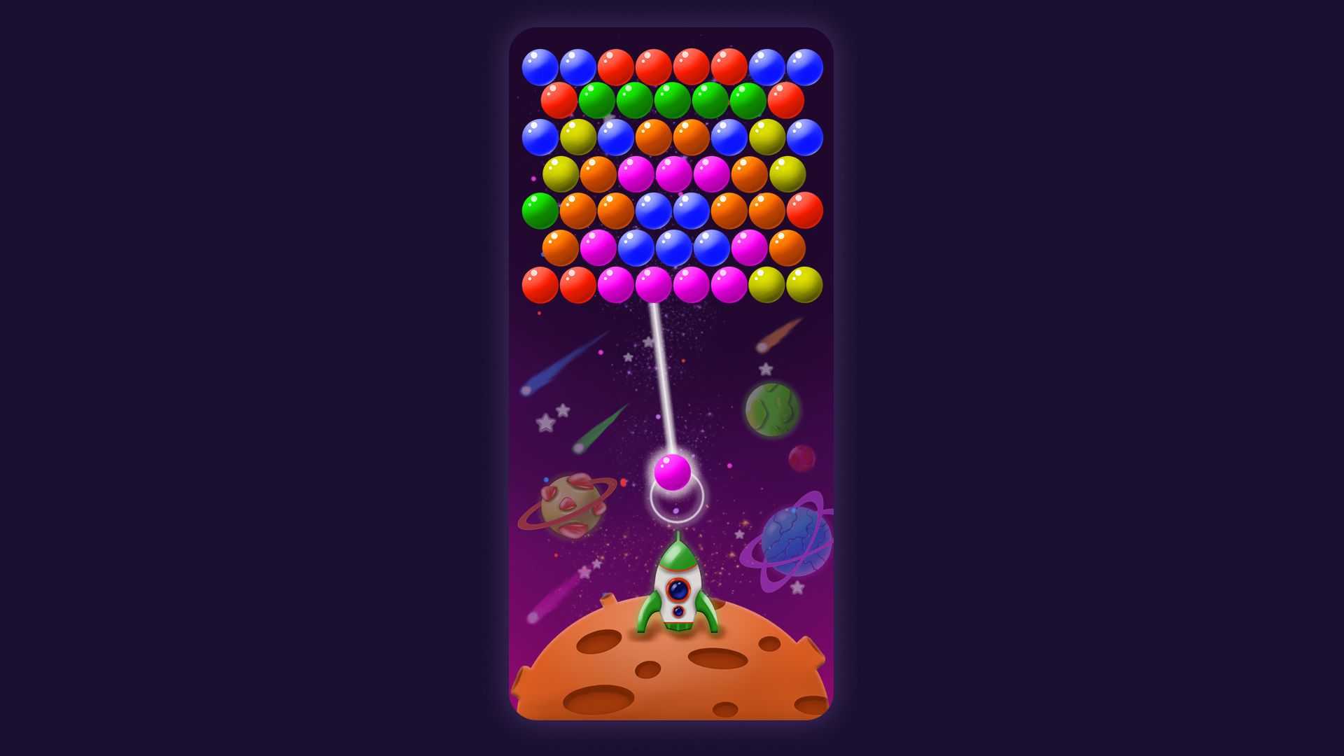 Space Bubbles gameplay mockup showing level progression UI and bubble interactions