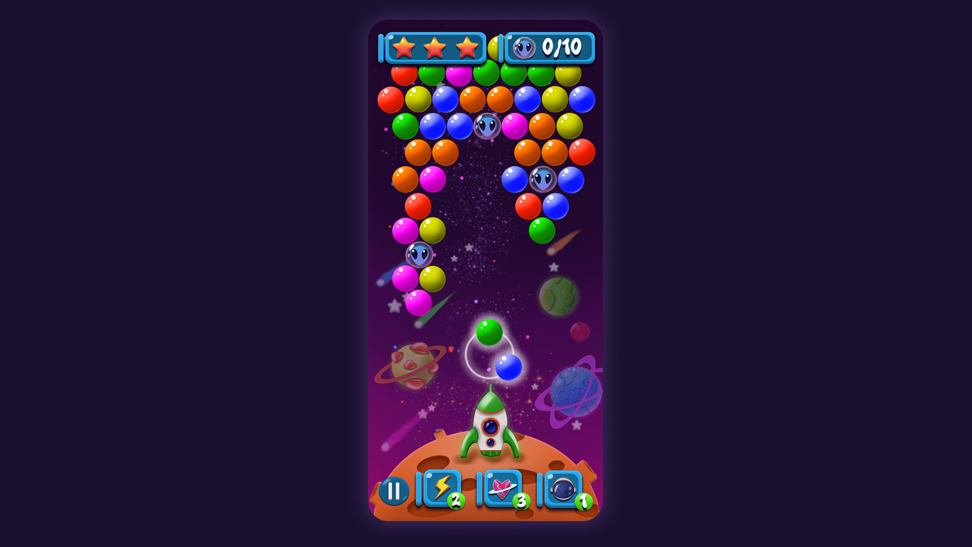 Space Bubbles gameplay mockup with bubble grid, aiming controls, and score HUD