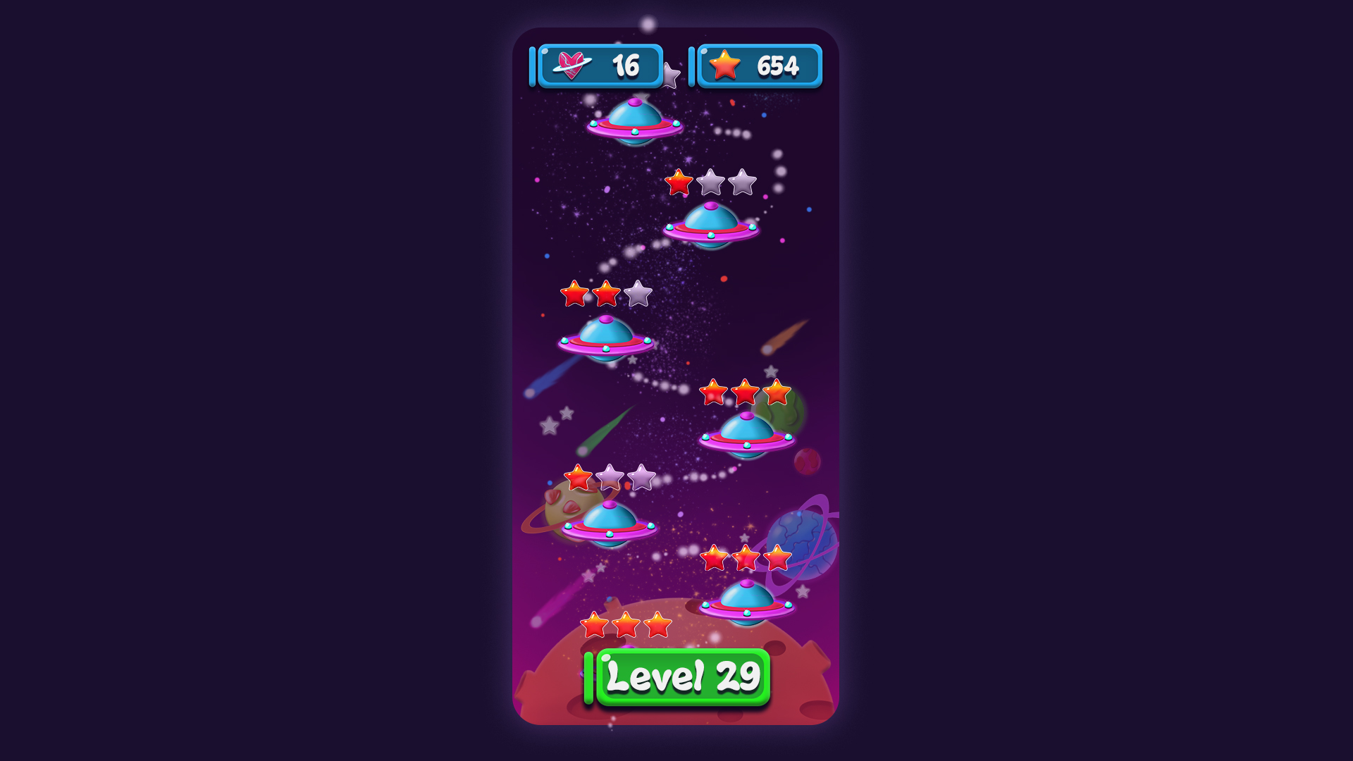 Space Bubbles level map interface showing stage progression and unlock path