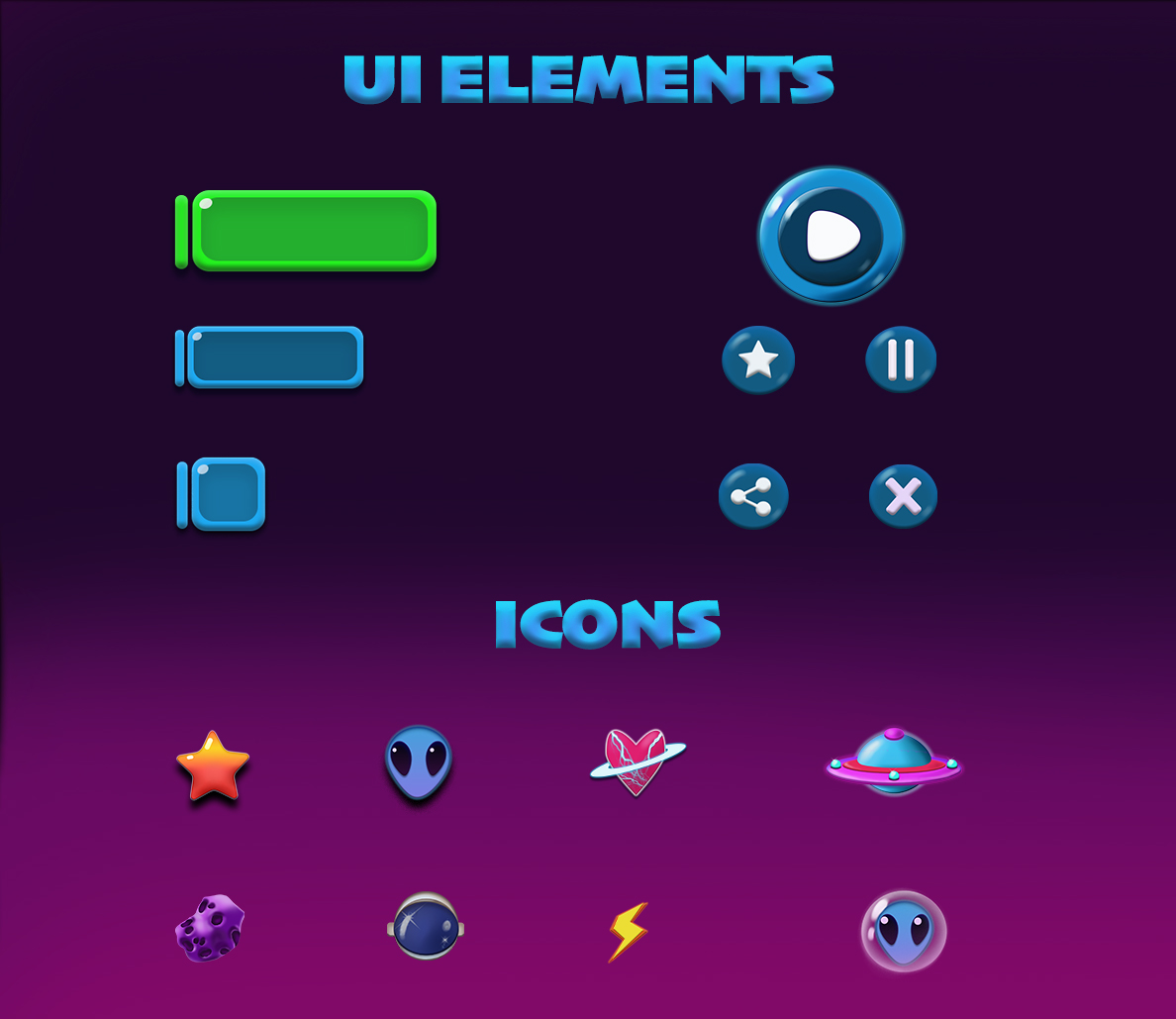 Space Bubbles UI elements sheet with buttons, badges, and in-game icons