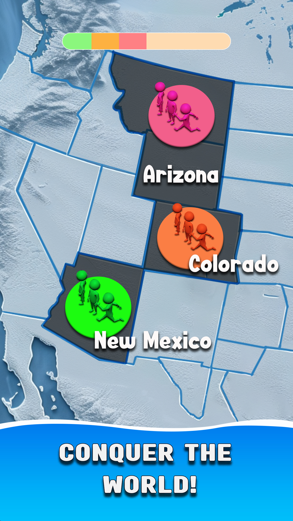 World map gameplay mockup showing contested territories, front-line borders, and territory control UI overlays for strategic decision-making