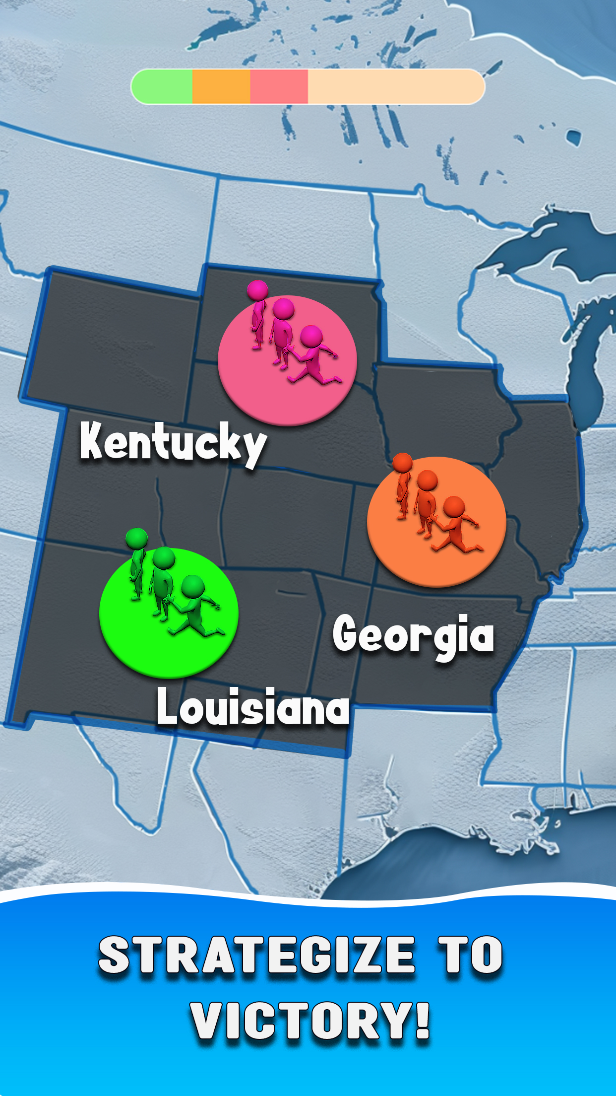Territory control interface mockup with player indicators, objective panels, and readable status signals for competitive strategy gameplay